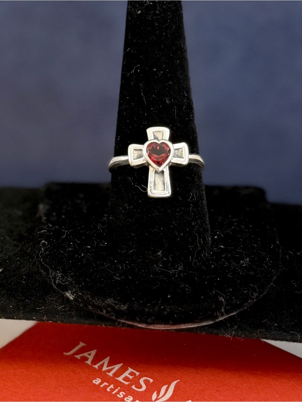 JAMES AVERY Sterling Silver Red Garnet Heart Cross Ring; Size 8.75; RETIRED